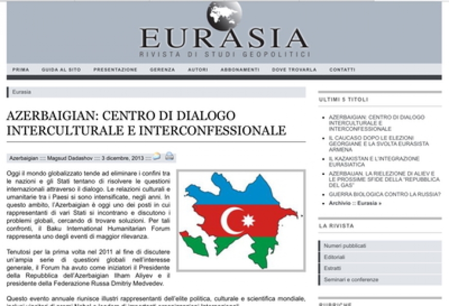 Italienische Zeitschrift „Eurasia“ veröffentlichte einen Artikel des Eigenberichterstatters der AzerTAg unter dem Titel „Aserbaidschan – ein Zentrum des interkulturellen und interreligiösen Dialogs“