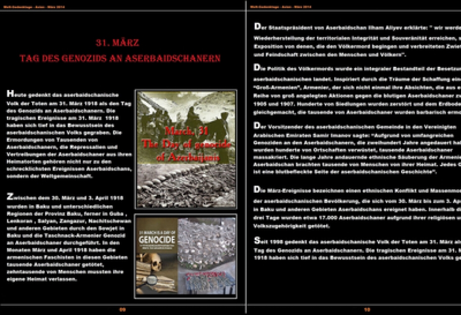 In der Auflage „Gedenktage“ der Universität Wien ein Artikel unter dem Titel “31.März-Tag des Genozids an Aserbaidschanern” veröffentlicht