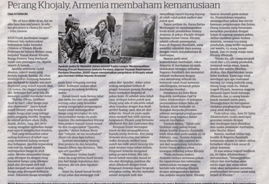 L’article « Le massacre à Khodjaly : l’Arménie détruit l’humanité » est publié dans le journal malaisien « Harakah »