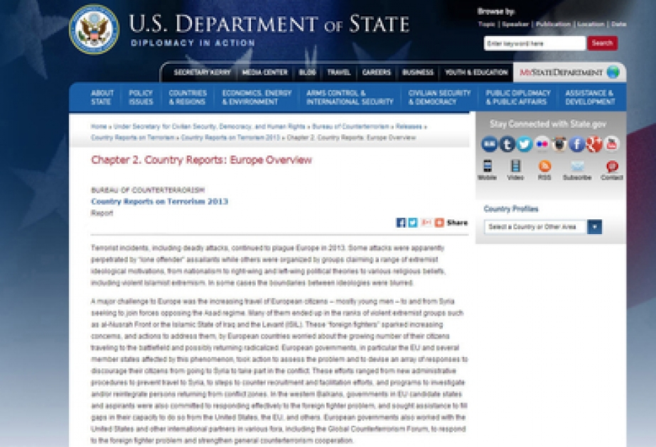 وزارة الخارجية الأمريكية: أذربيجان استمرت في تعزيز جهودها لمكافحة الإرهاب