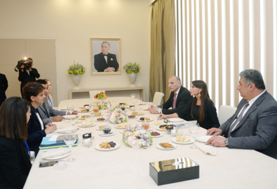 First Lady von Aserbaidschan sich mit der Ministerin für Frauenrechte, Stadt, Jugend und Sport getroffen