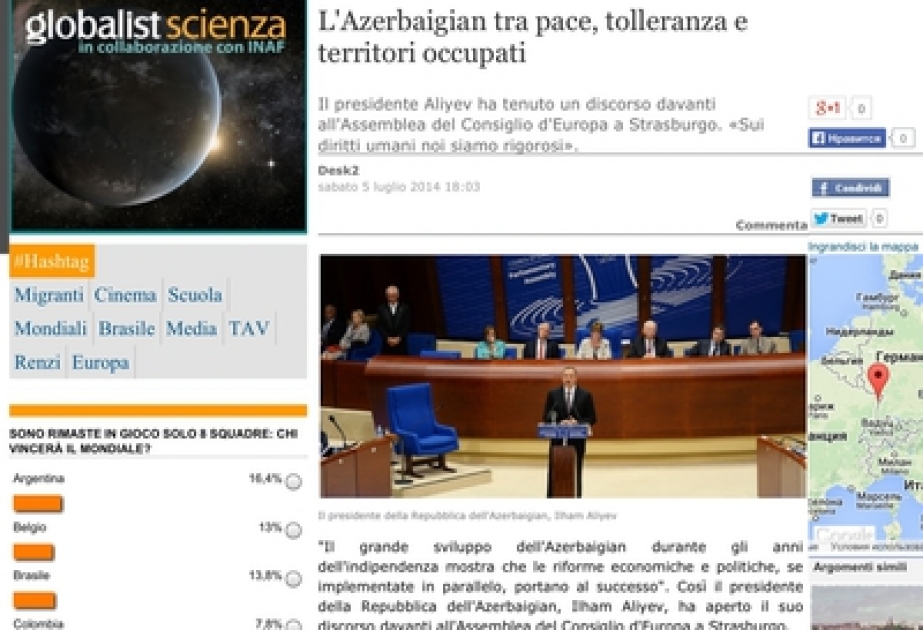 意大利新闻门户网站«全球主义»网上特刊了伊利哈姆•阿利耶夫总统在欧洲理事会会议上发表的演讲稿