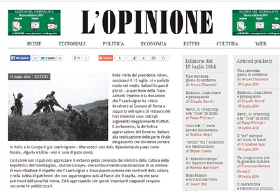 意大利新闻网站«l’opinione»刊登关于伊利哈姆•阿利耶夫总统访问意大利的文章