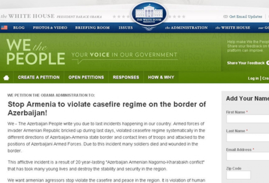 Auf der Website des Weißen Hauses wurde eine Petition mit Forderung nach der Einhaltung einer sofortigen Waffenruhe durch Armenien platziert