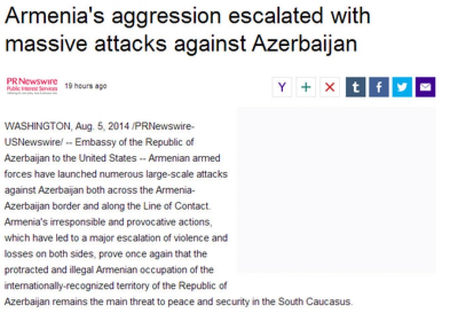 Azerbaijani Embassy in Washington calls on the international community to consider sanctions against Armenia
