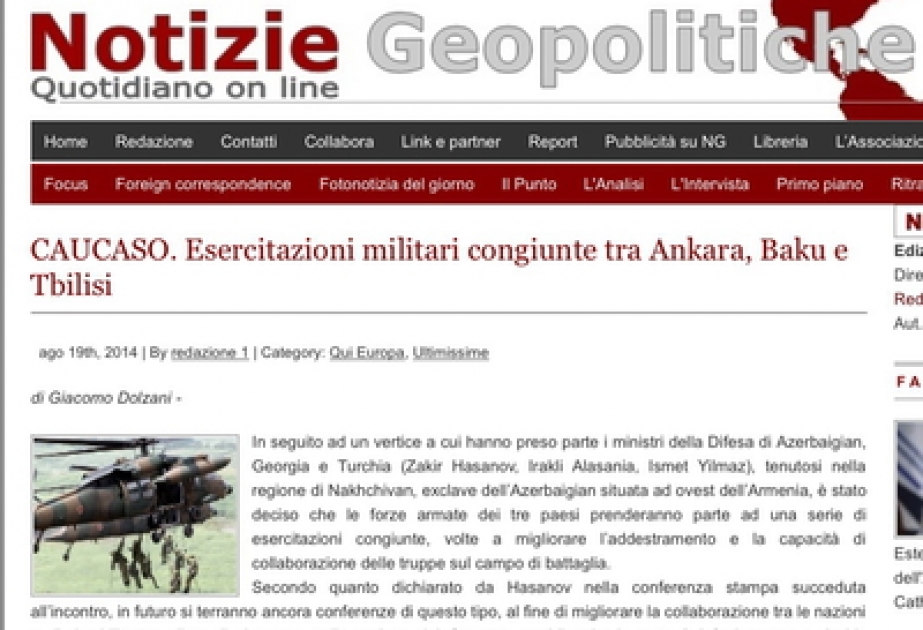 Le portail Italien «Notizie Geopolitiche» a publié un article sur la rencontre de Nakhitchevan des ministres de la défense azerbaïdjanais, turc et géorgien