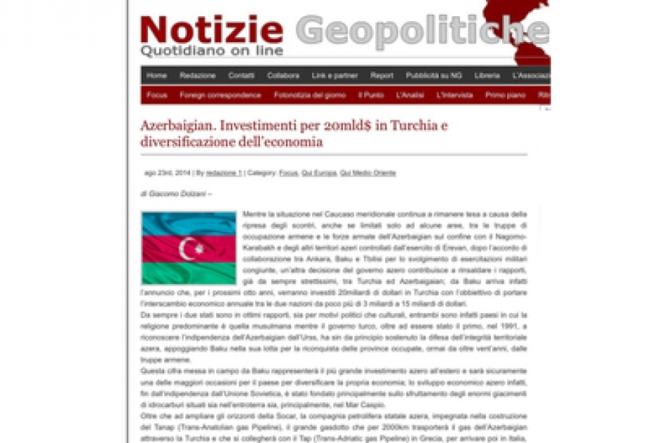 На итальянском новостном портале «Notizie Geopolitiche» опубликована статья об Азербайджане