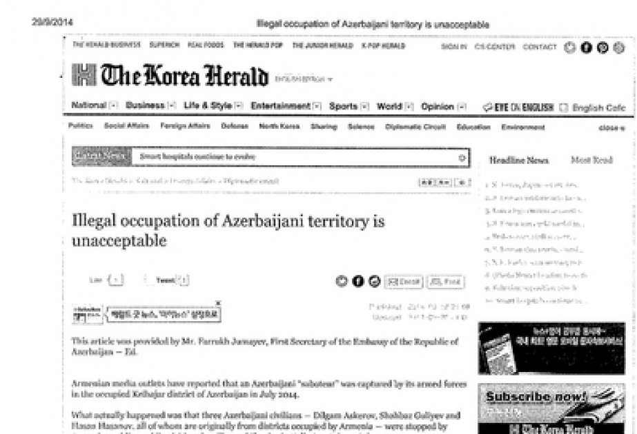“The Korea Herald”: Azərbaycan ərazilərinin qeyri-qanuni işğalı qəbuledilməzdir