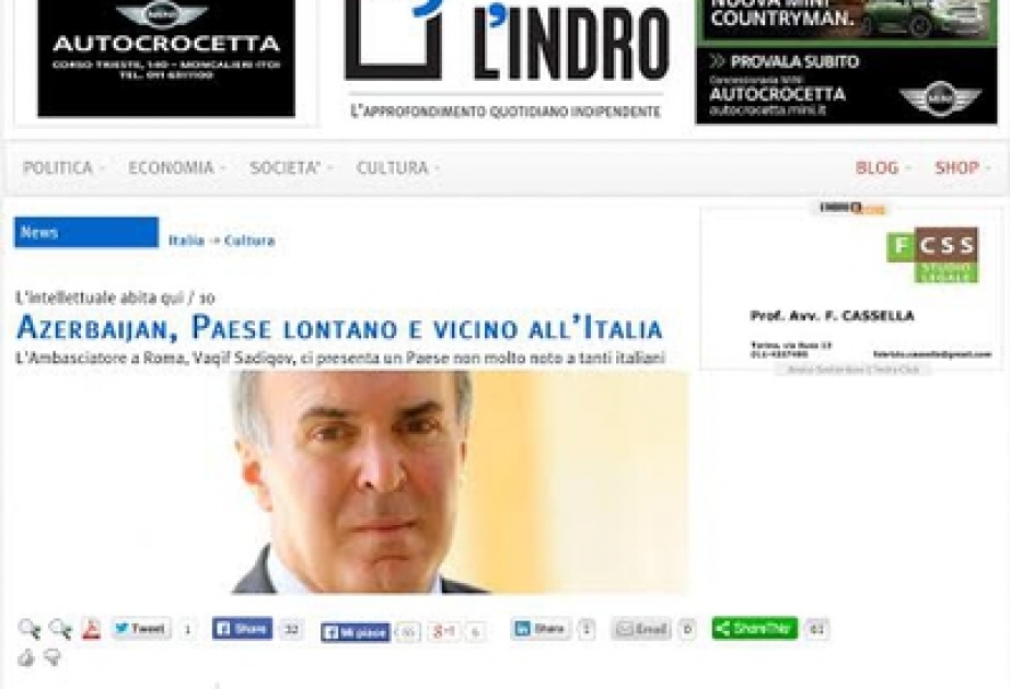 Italian L`indro news portal posts interview with Azerbaijani Ambassador