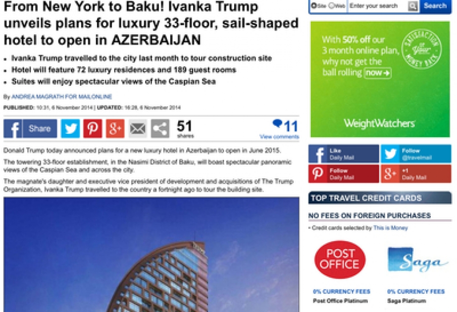 Daily Mail posts article on luxury 33-floor, sail-shaped hotel to open in Baku