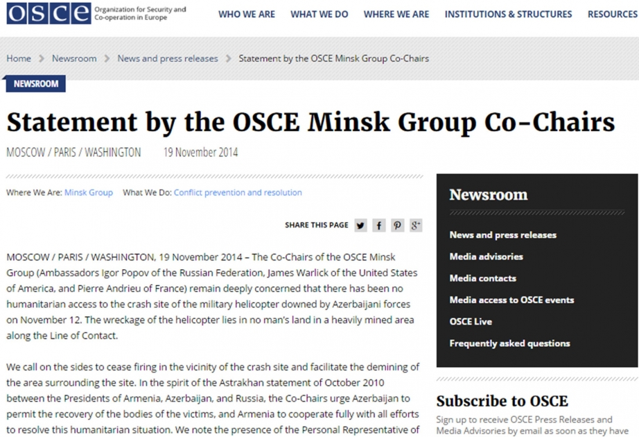 Le groupe de Minsk de l’OSCE a modifié sa déclaration relative à l’hélicoptère abattu de l’Arménie