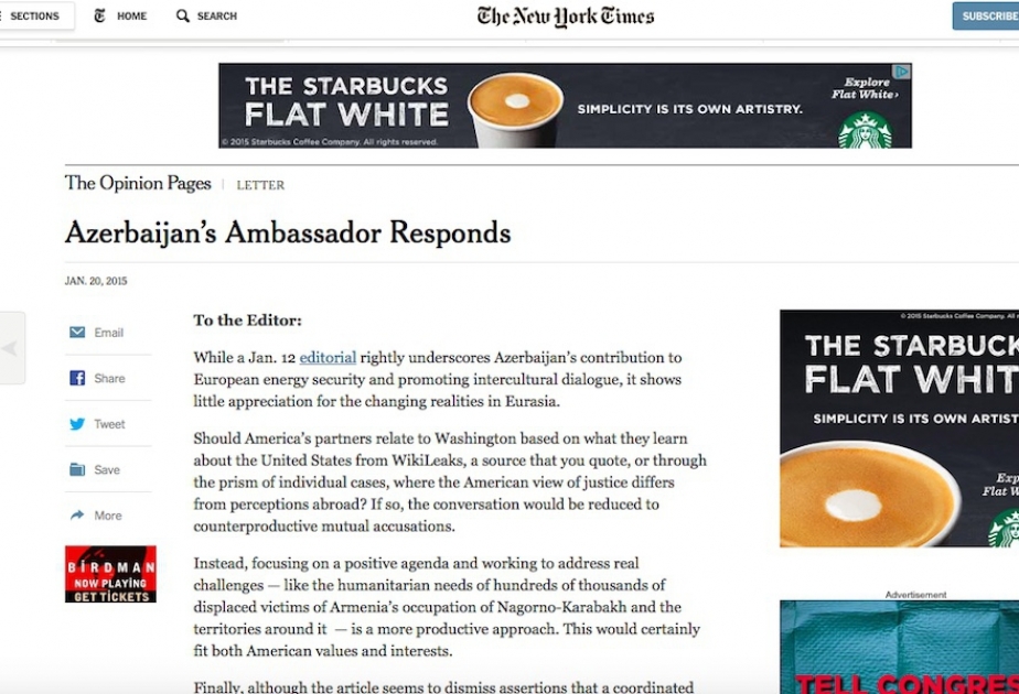 The New York Times published respond letter of Azerbaijani Ambassador