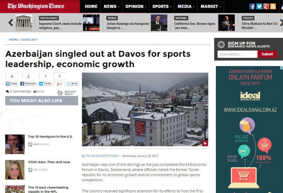 “The Washington Times”: Azərbaycan idman sahəsində uğurlarına və iqtisadi inkişafına görə Davosda seçilirdi