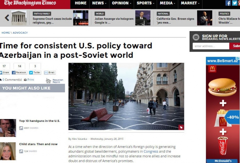 The Washington Times: Time for consistent U.S. policy toward Azerbaijan in a post-Soviet world