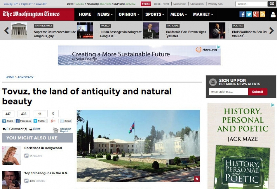 The Washington Times publishes article titled “Tovuz, the land of antiquity and natural beauty”