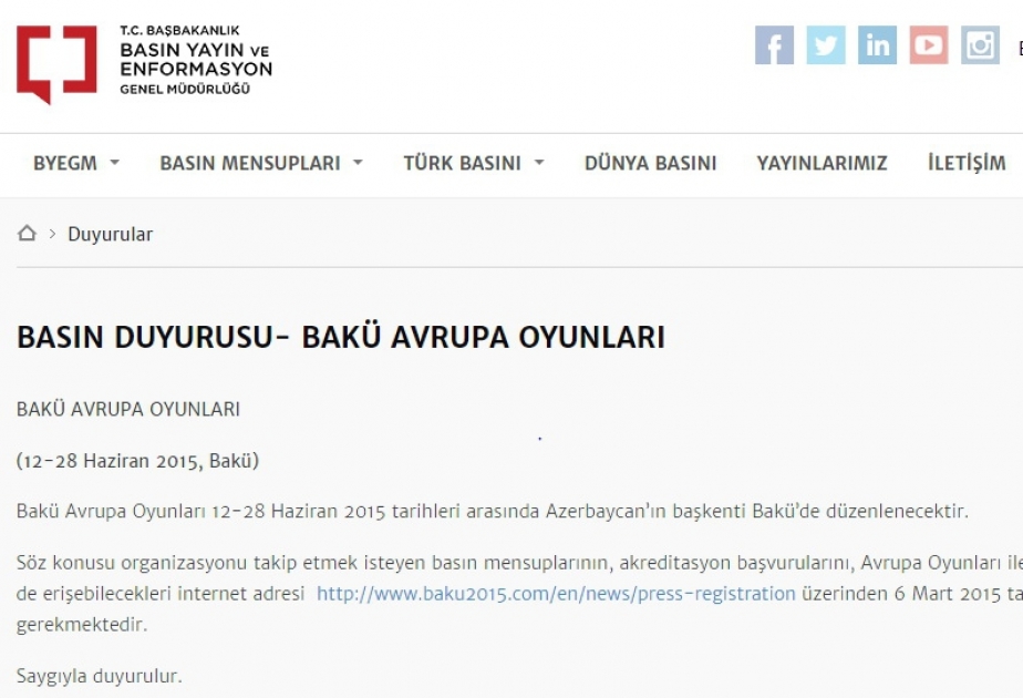 L’administration de presse et d’information de la Turquie a lancé l’accréditation des journalistes pour participer aux Jeux Européens