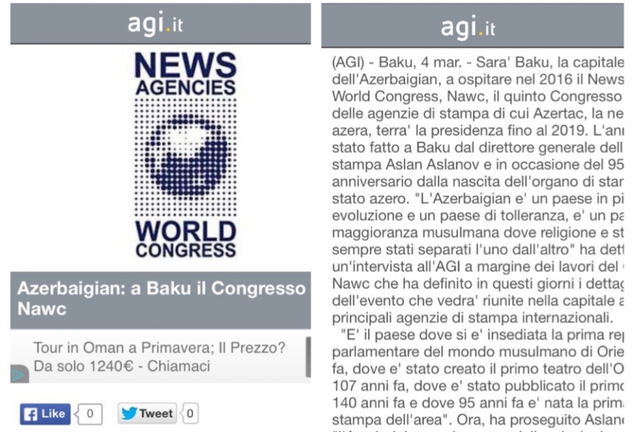 Итальянское агентство AGI распространило интервью генерального директора АЗЕРТАДЖ