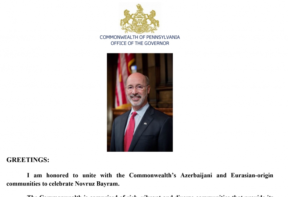 Губернатор штата Пенсильвания поздравил азербайджанскую общину с праздником Новруз
