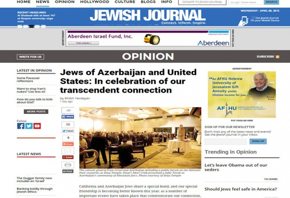 Jewish Journal of Los Angeles publishes article on Azerbaijan’s model of tolerance