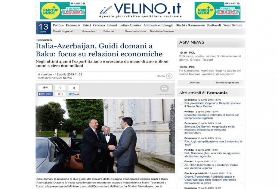 Italienische Nachrichtenagenturen analysieren die Wirtschaftsbeziehungen von ihrem Land zu Aserbaidschan