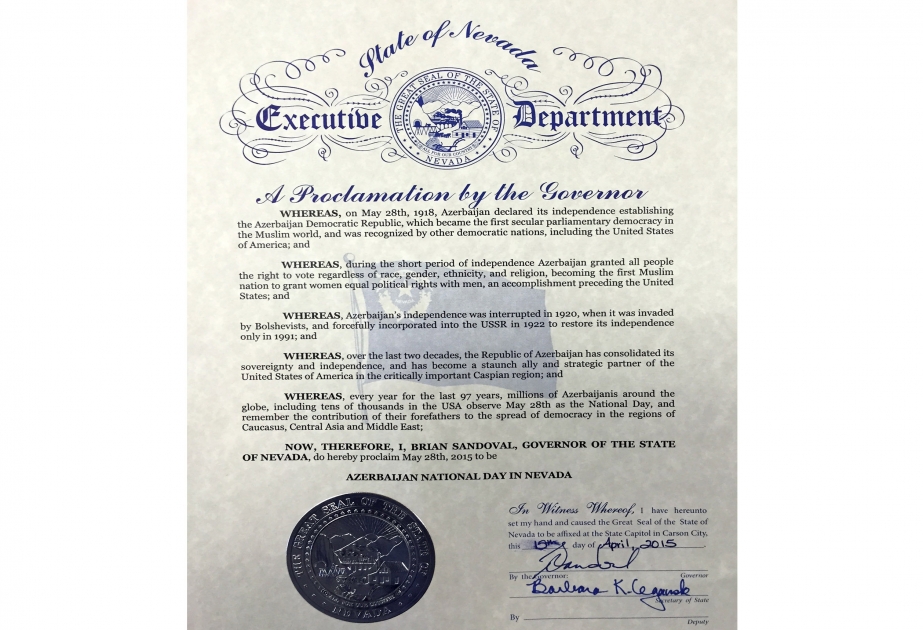 May 28th proclaimed as “Azerbaijan National Day” in the U.S. State of Nevada