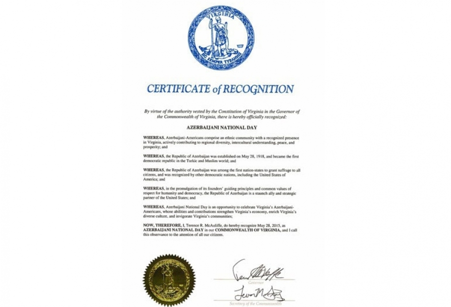 State of Virginia recognizes May 28 as Azerbaijani National Day