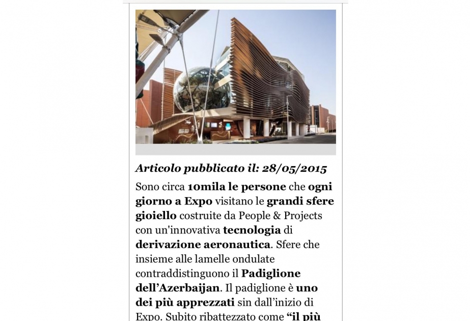 Italy’s Adnkronos news portal posts article on Azerbaijani pavilion at Milan Expo-2015 International Exhibition