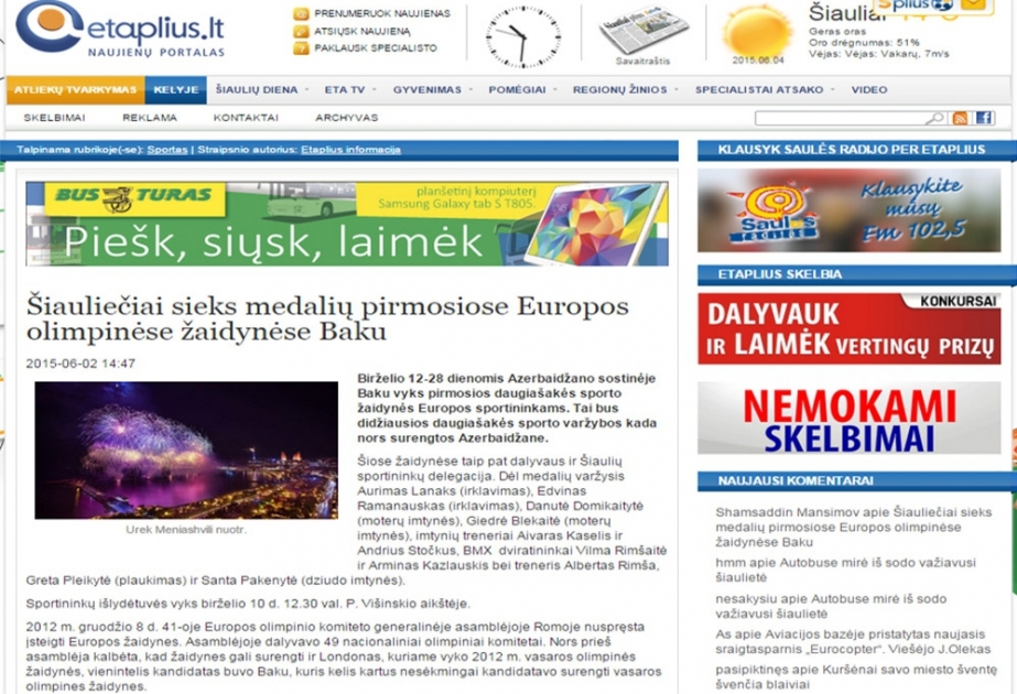 Lithuanian news portal etaplius.lt posts article on first European Games