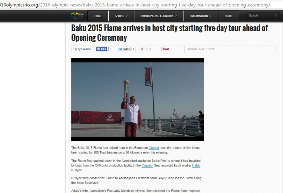 2016olympicsrio.org website posts article on Flame of first European Games arriving in Baku