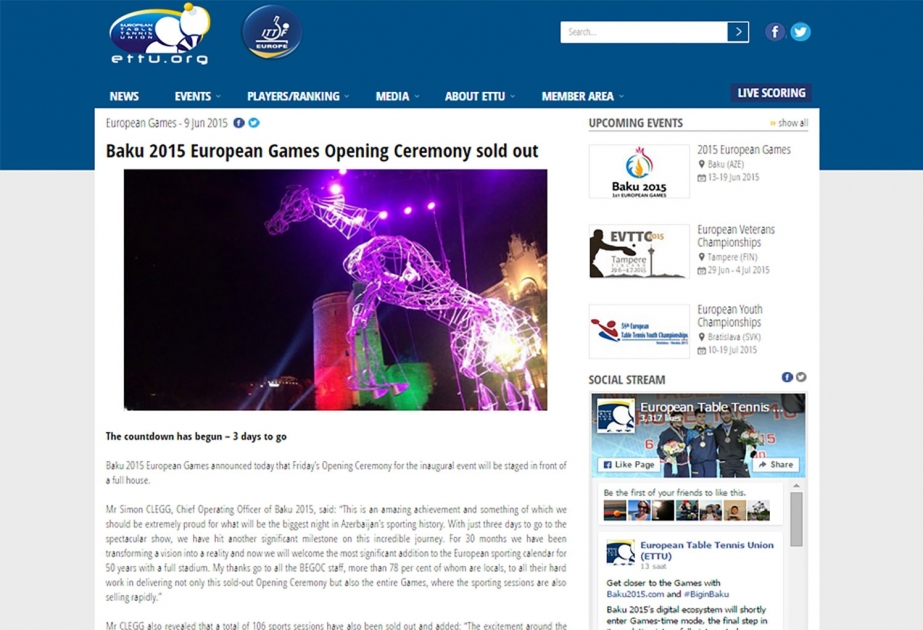European Table Tennis Federation`s website publishes article about Baku 2015 First European Games