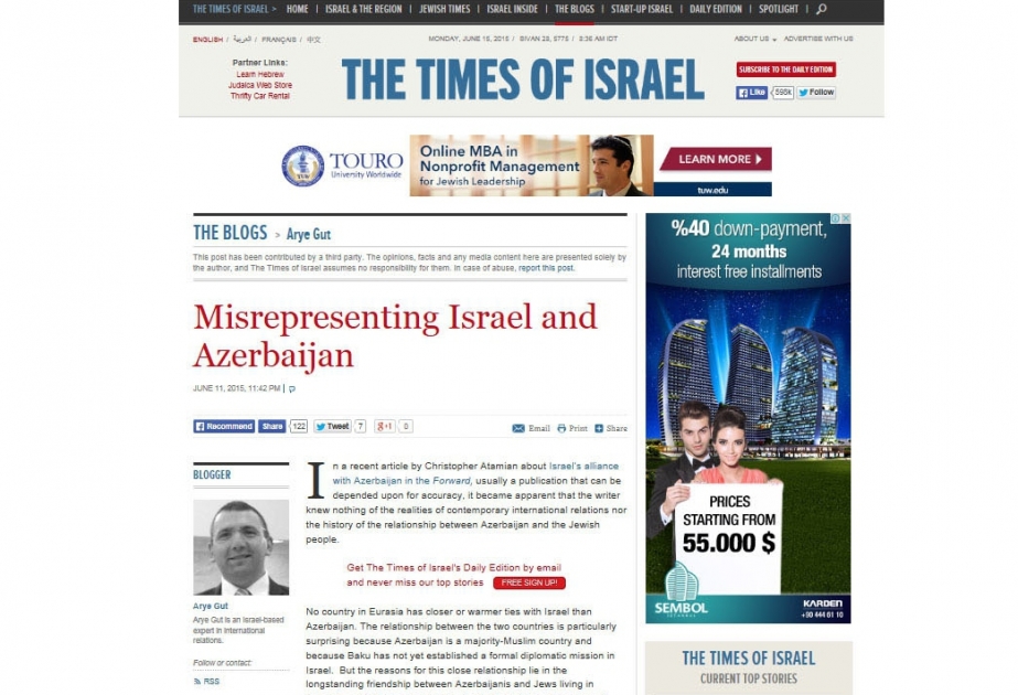 The Times of Israel posts article on Israel-Azerbaijan cooperation