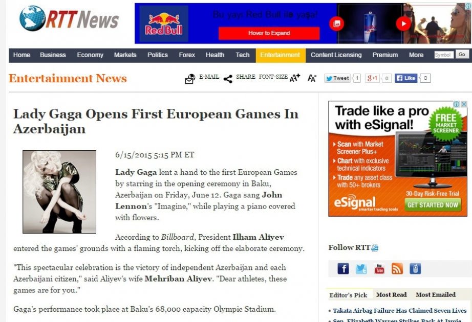 美国RTTNews网站刊登关于“巴库- 2015”首届欧运会的消息