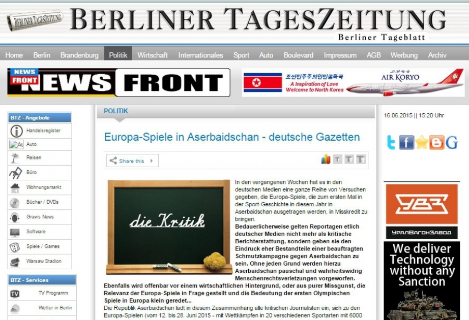 „Berlinertageszeitung” kritisiert beauftragte Schmutzkampagne gegen Aserbaidschan