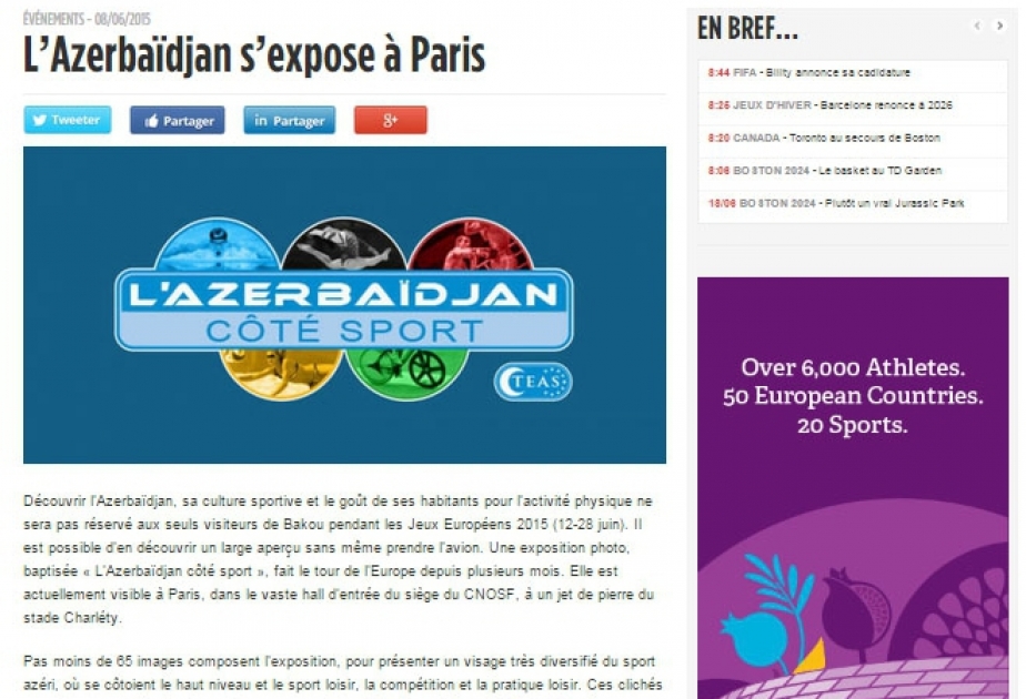 Popular French sports website highlights photo-exhibition on Baku 2015 Games held in Paris