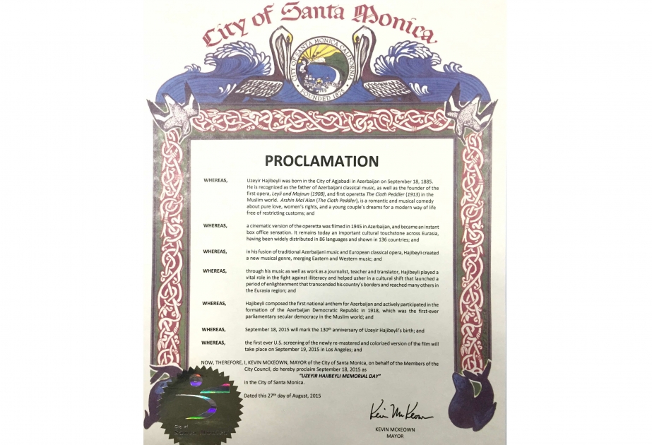 18 сентября в городе Санта-Моника в Калифорнии объявлен «Днем Узеира Гаджибейли»
