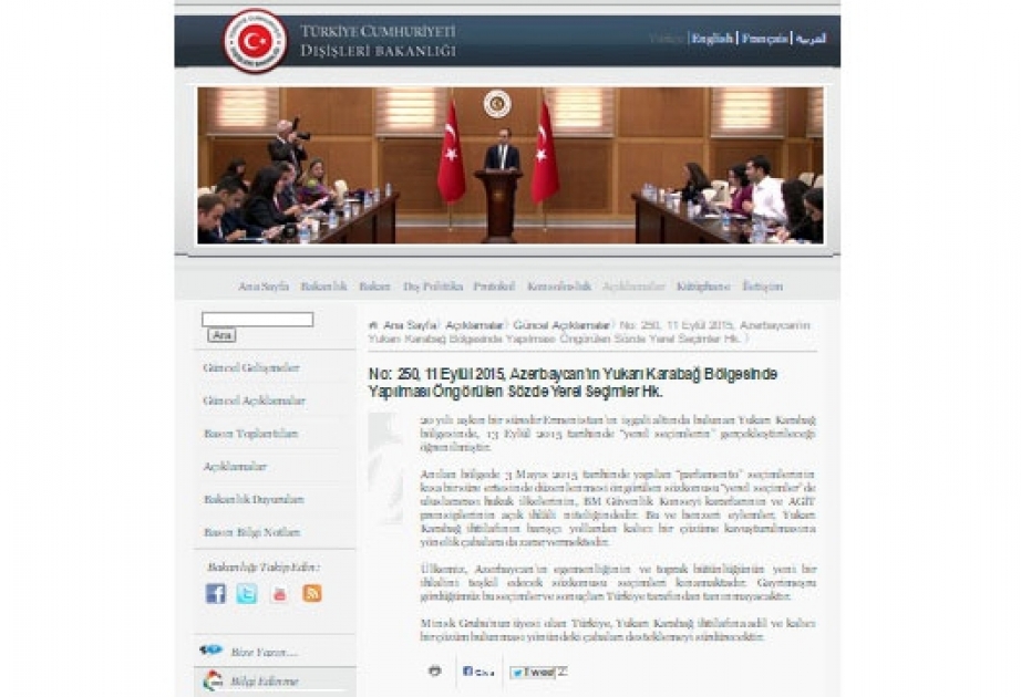 Turkey not to recognize so-called municipal elections in Nagorno-Karabakh
