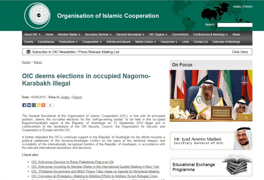 OIC condemns so-called elections to be held in Nagorno-Karabakh