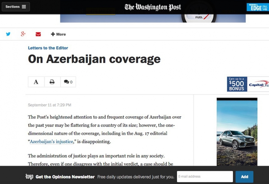 Le journal The Washington Post publie le commentaire de l'ambassade d'Azerbaïdjan sur l'article biaisé concernant ce pays