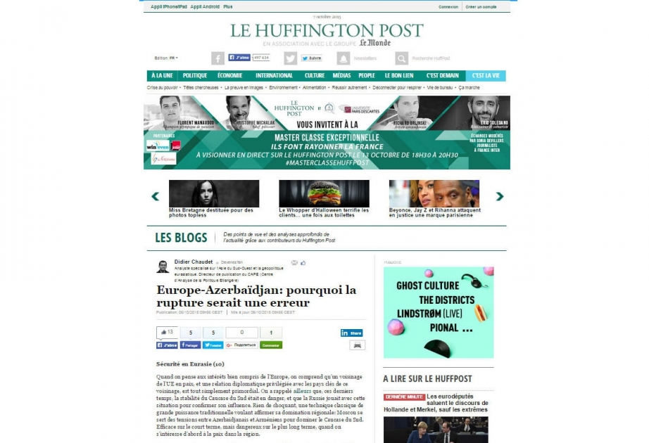 Fransanın “Le Huffington Post” portalı Avropa Parlamentinin Azərbaycanla bağlı qətnaməsini tənqid edən məqalə yayıb