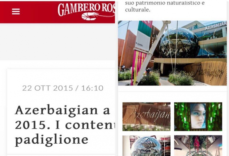 „Gambero Rosso“: Aserbaidschanischer Pavillon bei der Expo- 2015 in Mailand ist einer der grandioseste Räume