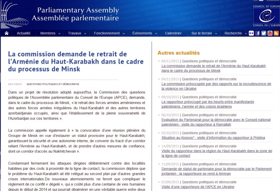 PACE Political Affairs Committee calls on Armenia to withdraw from Nagorno-Karabakh