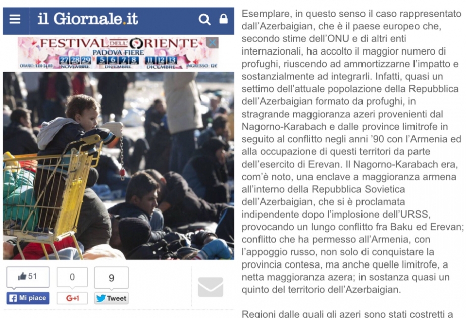 صحيفة إيطالية تسلط الضوء على أوضاع اللاجئين والمشرَّدين الاذربيجانيين