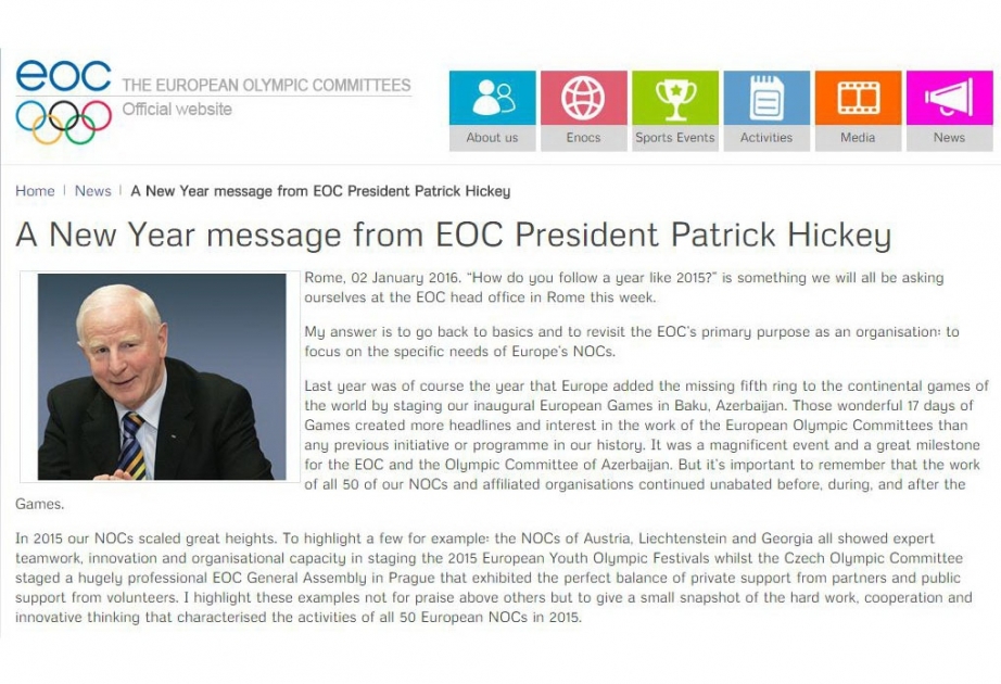 Patrick Hickey: Baku-2015 was a great milestone for EOC