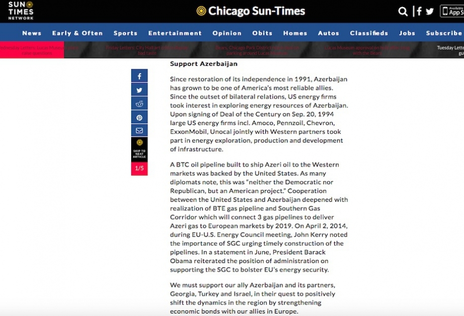 Газета Chicago Sun Times об американо-азербайджанском энергетическом сотрудничестве и важности поддержки Азербайджана