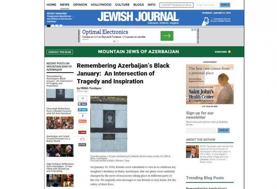 Jewish Journal publishes article about Black January