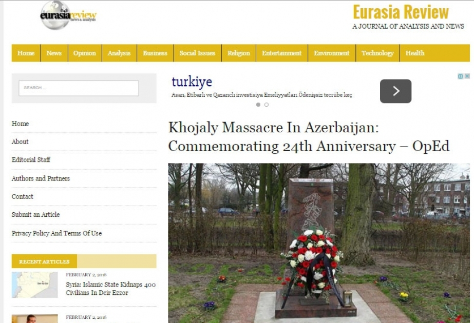 “Eurasia review” journal publishes article about Khojaly massacre