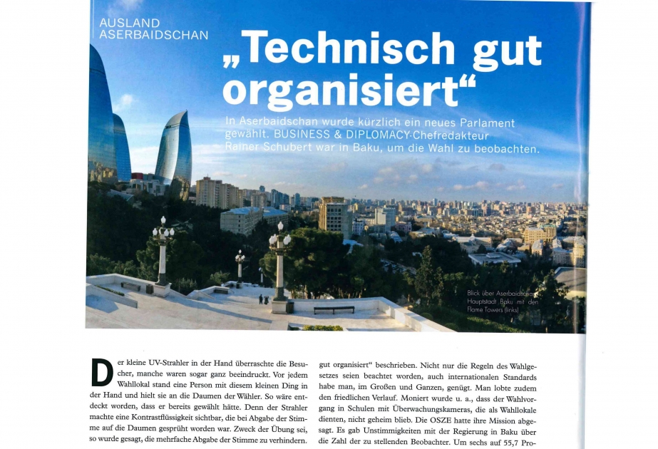 Almaniyanın “Business & Diplomacy” jurnalı 2015-ci ildə Azərbaycanda keçirilmiş seçkilərdən yazıb