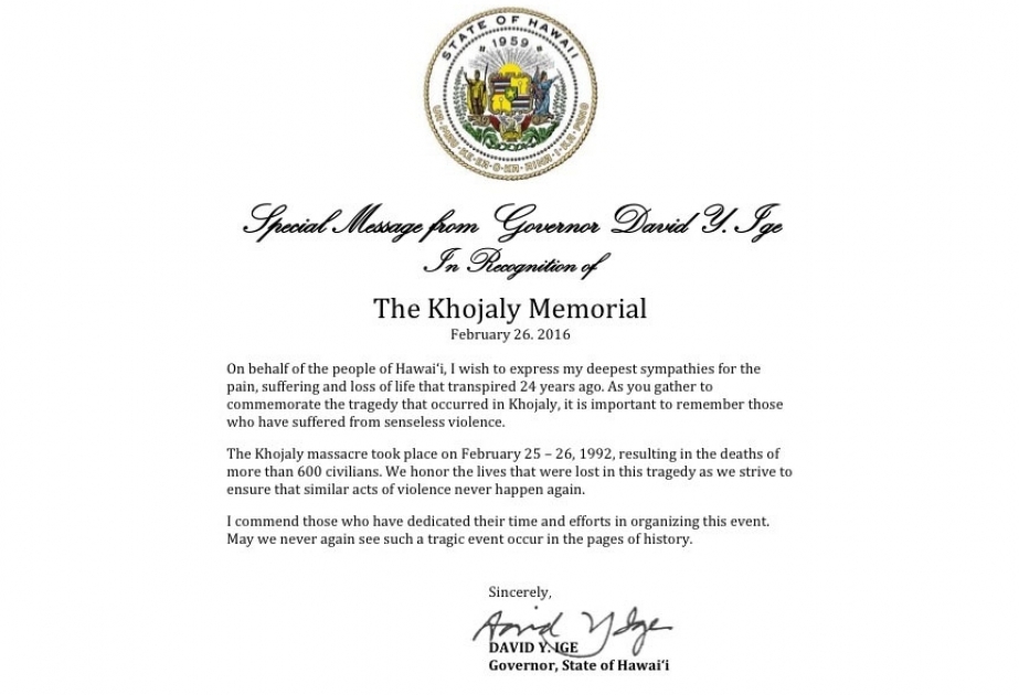 U.S. State of Hawaii condemns the Khojaly Massacre