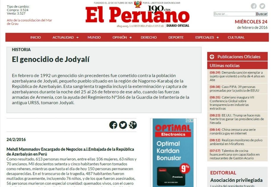 El Peruano newspaper writes about Khojaly genocide