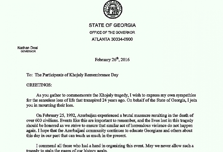 U.S. State of Georgia issues another statement recognizing Khojaly massacre